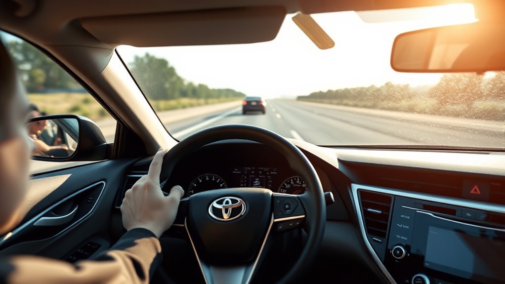 Toyota Camry driver holding the steering wheel while traveling on an open highway