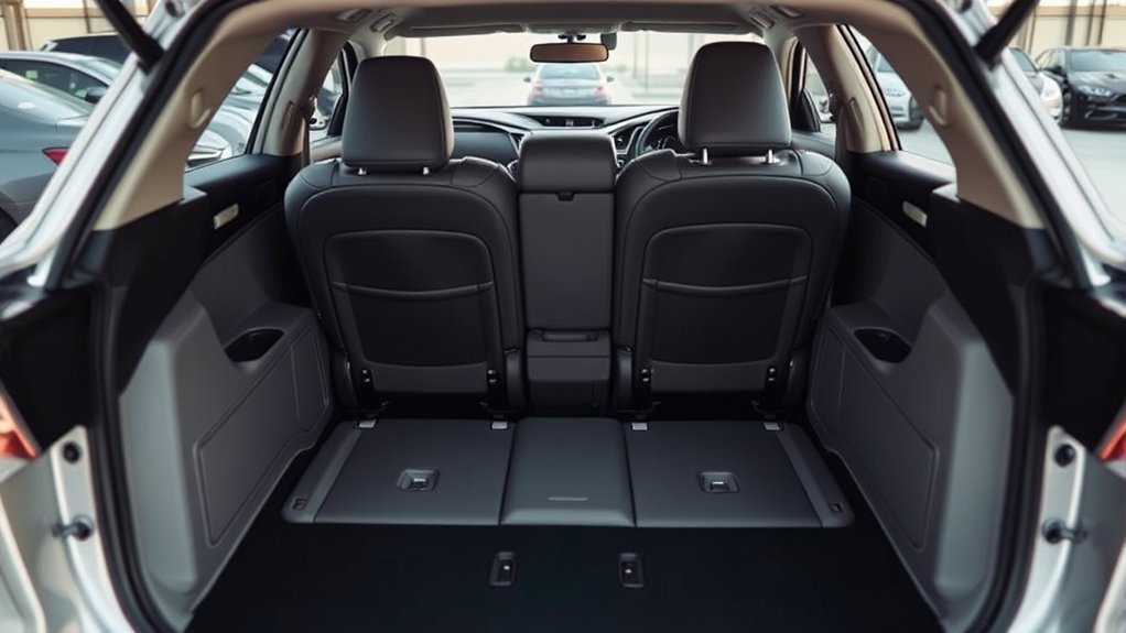Folded rear seatbacks creating a longer cargo opening inside a midsize sedan
