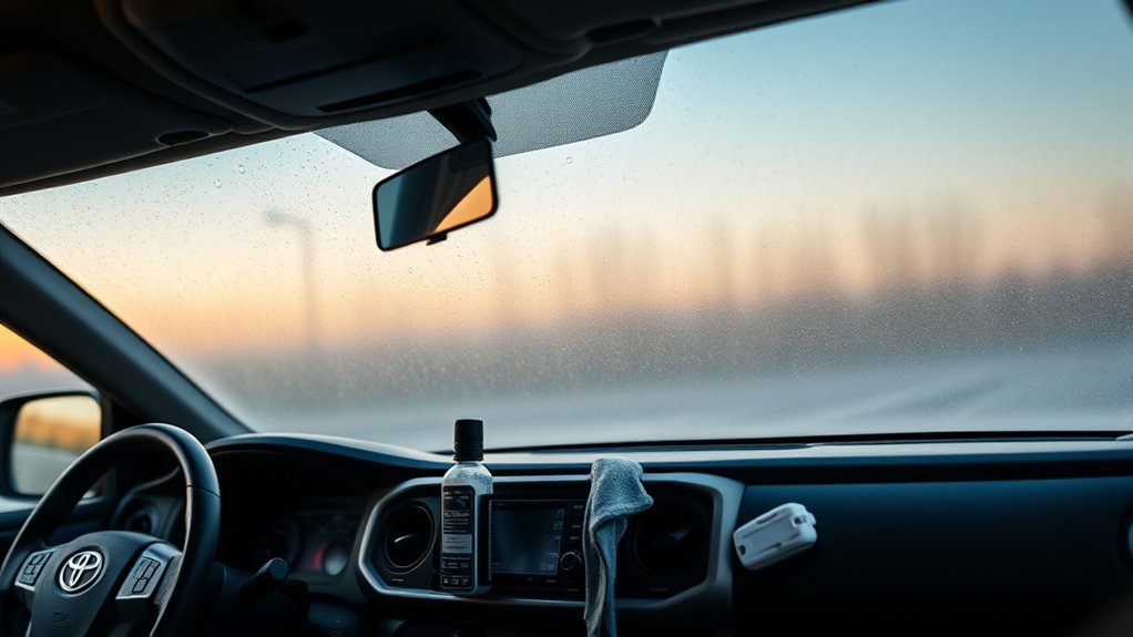 Automotive glass cleaner, microfiber cloth, and anti-fog product for a Toyota Tacoma