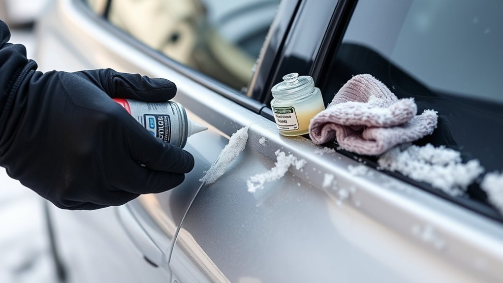 Ice bonding a Toyota Camry rubber door seal to the painted door frame