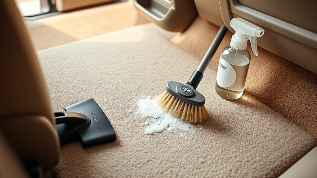 Gently agitating automotive carpet fibers with a soft detailing brush