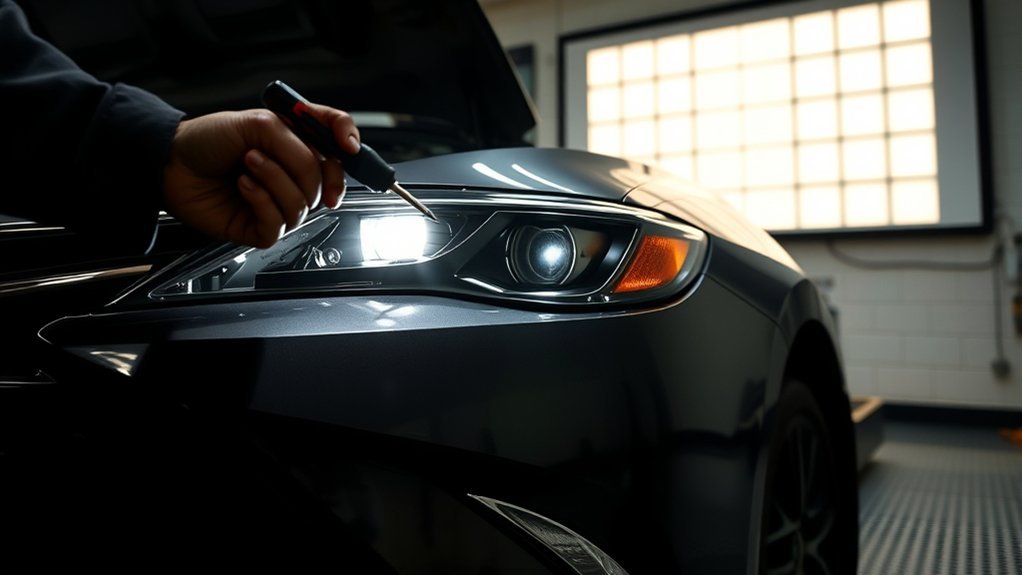 Toyota Camry headlight lens and beam pattern being inspected for alignment and maintenance problems
