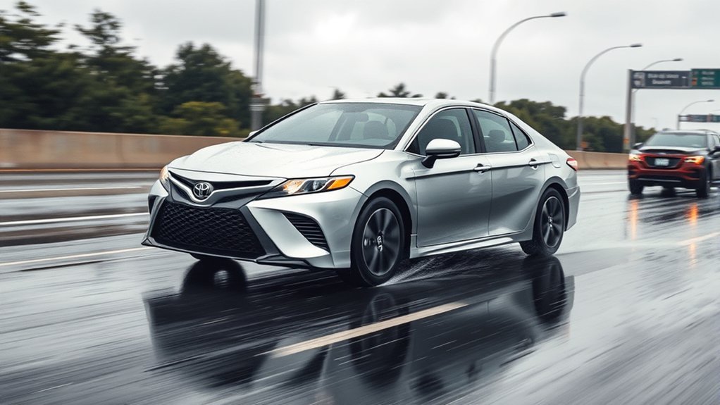 Standing water and tire spray on a wet road increasing hydroplaning risk