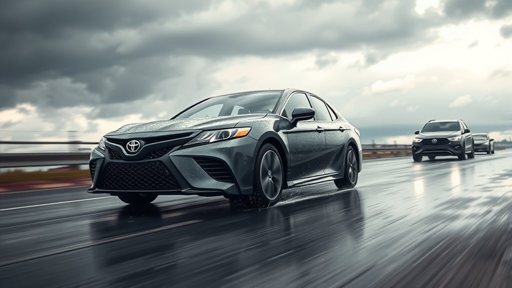 Toyota Camry traveling through rain where standing water can cause hydroplaning