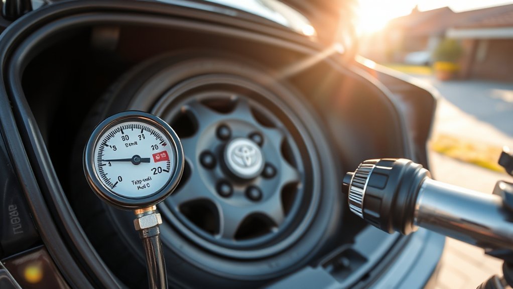 Inflating a Toyota Camry spare tire to its specified cold pressure