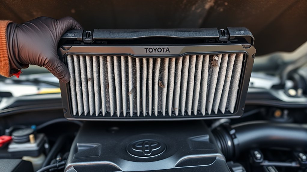 Dirty Toyota Tundra engine air filter showing dust in the pleats