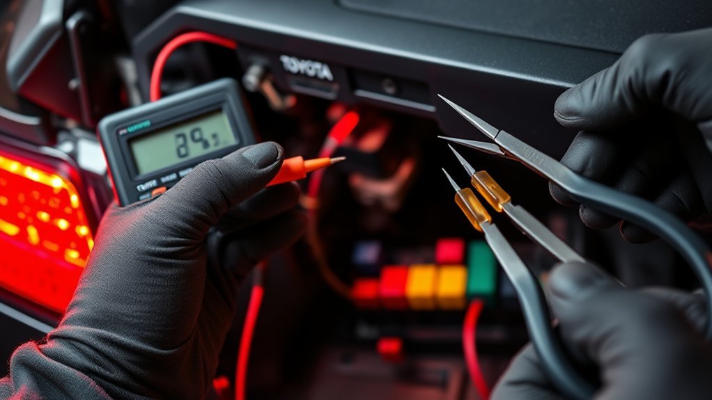 Inspecting a Toyota Camry stop-lamp fuse with a multimeter