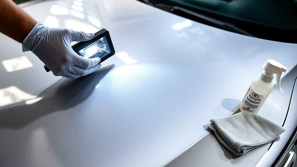 Inspecting a Toyota Camry under bright light for remaining water spots