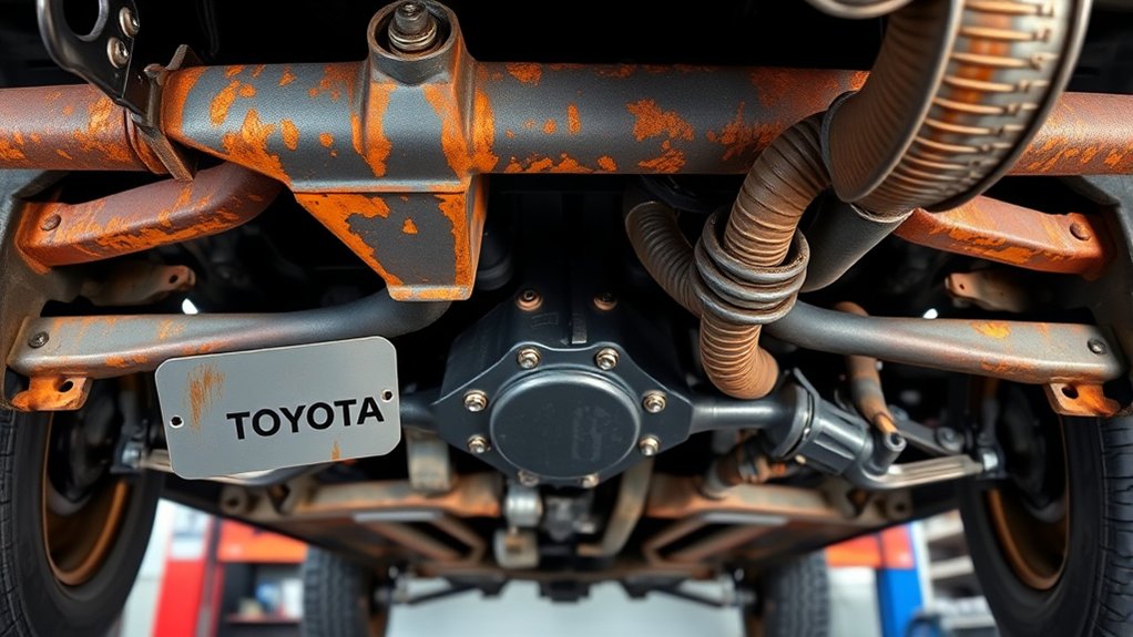 Close inspection of rust and damage on a Toyota Tacoma frame