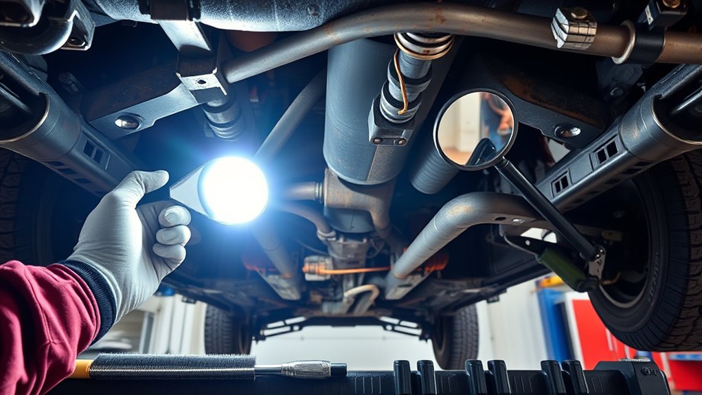 Flashlight, inspection mirror, gloves, and tools for checking a Toyota Tacoma underbody
