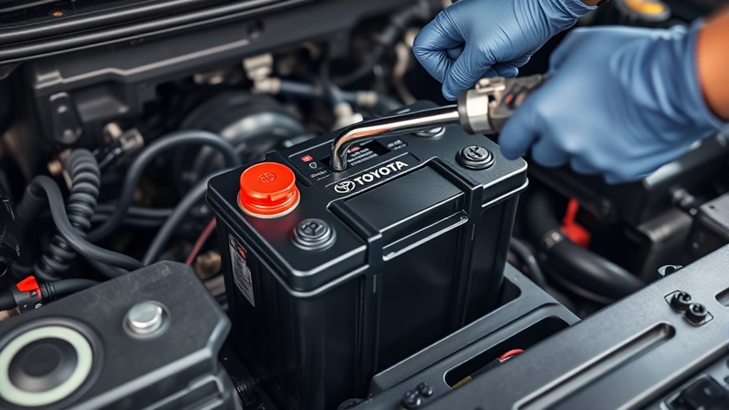 Securing and reconnecting a replacement battery in a Toyota Tacoma