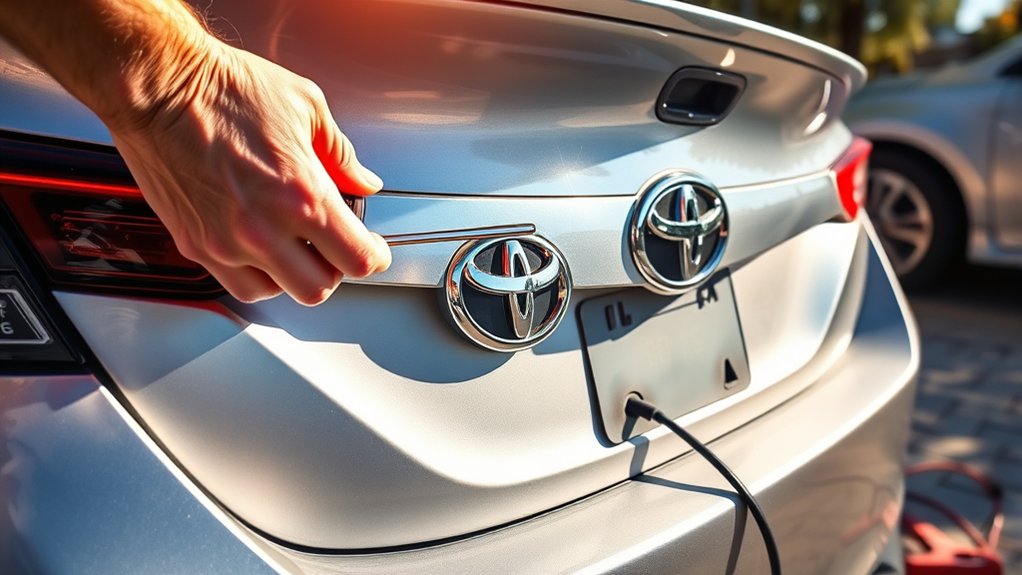 Connecting a 12-volt jump starter at the Toyota Camry manual-specified positive terminal and ground point