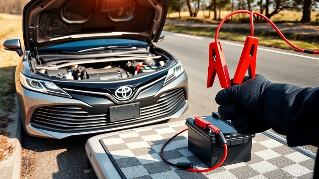 Jumper cables positioned for a safe Toyota Camry jump-start