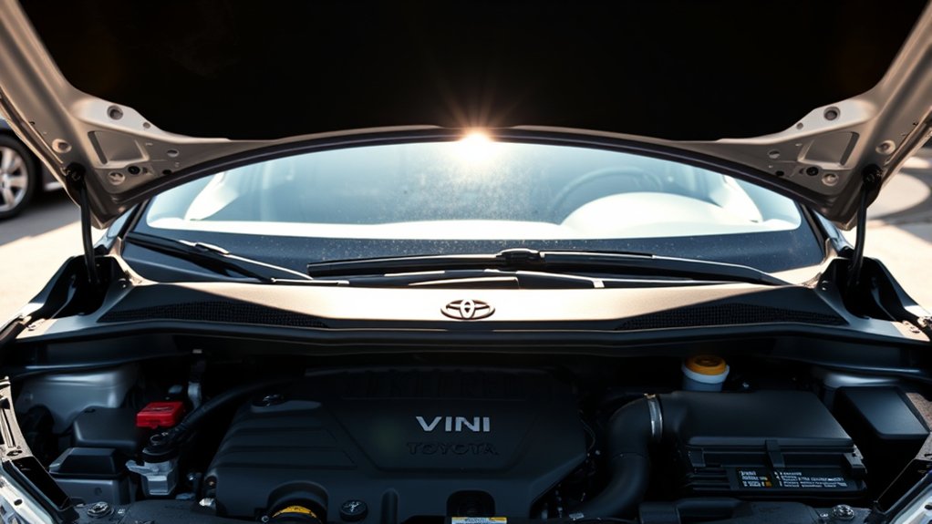 Toyota Camry engine bay where identification and engine labels may be inspected