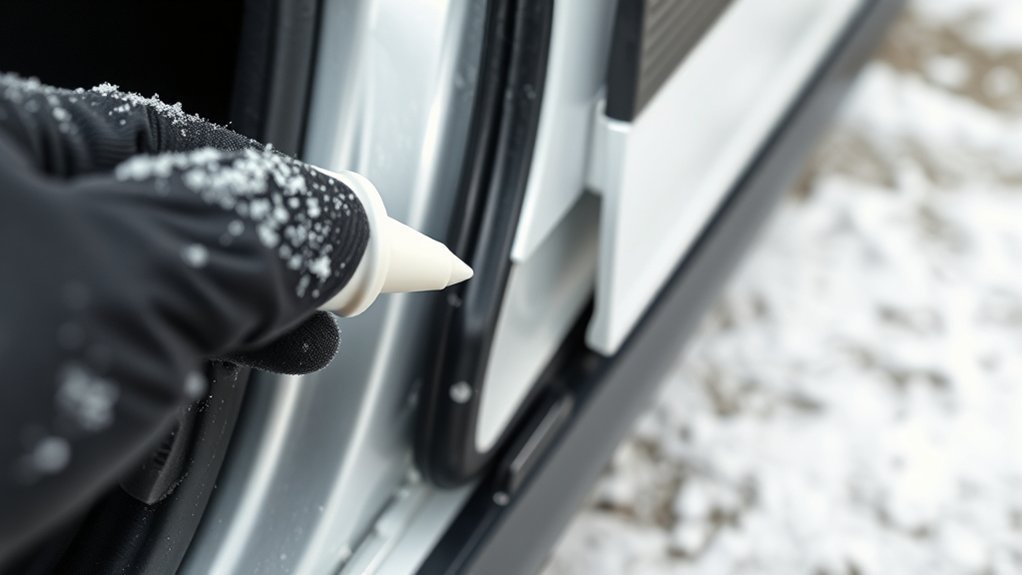 Applying rubber-safe silicone lubricant to a Toyota Camry door seal before winter