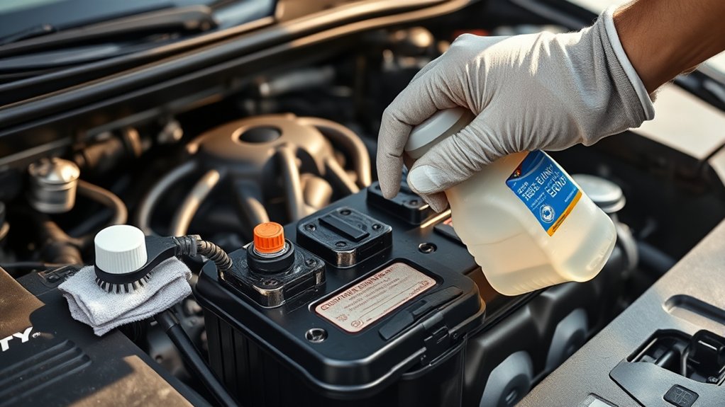 Inspecting clean and securely connected Toyota Camry 12-volt battery terminals