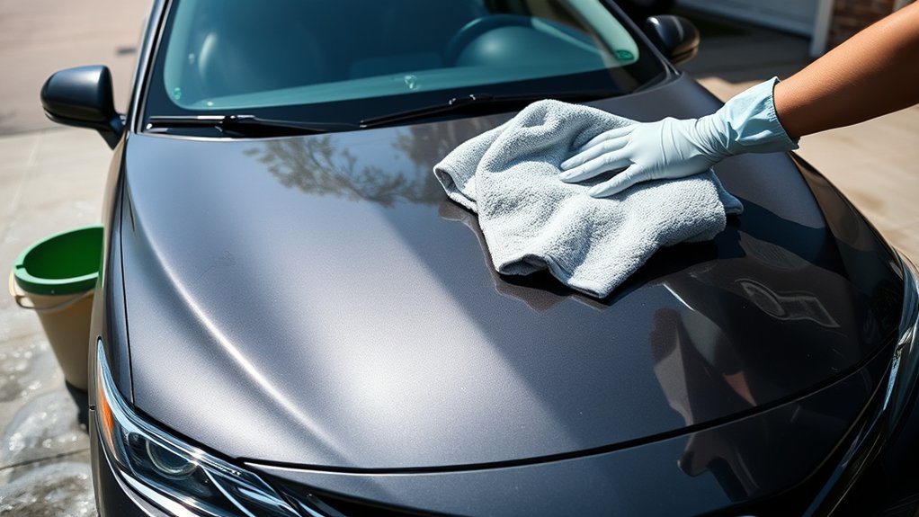 Applying paint protection to a clean Toyota Camry after hand washing and drying