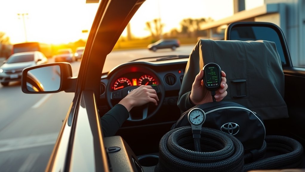Toyota Tacoma driving on a road while using fuel-saving habits
