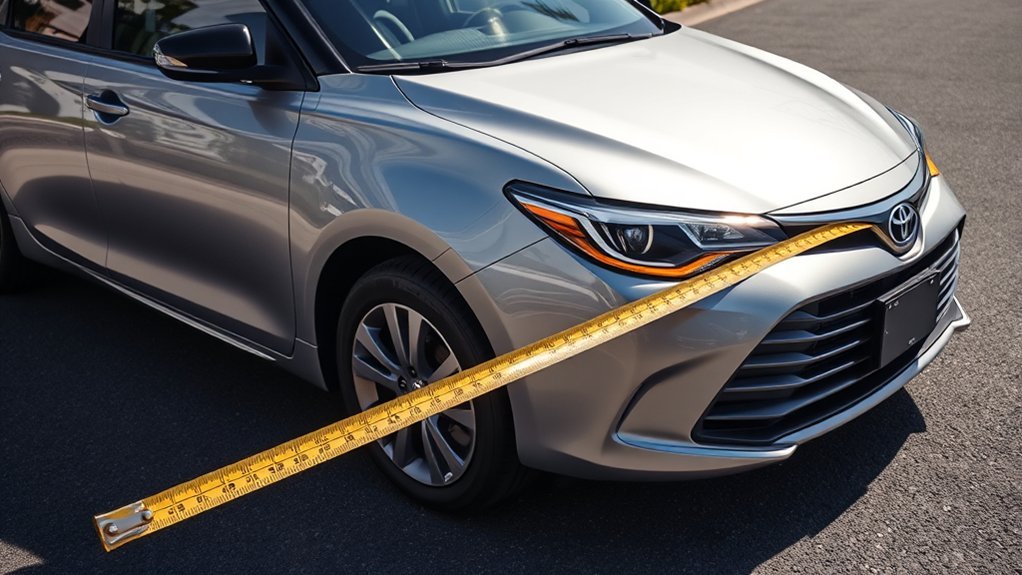 Plumb line transferring a Toyota Camry wheel center to the ground for a wheelbase measurement
