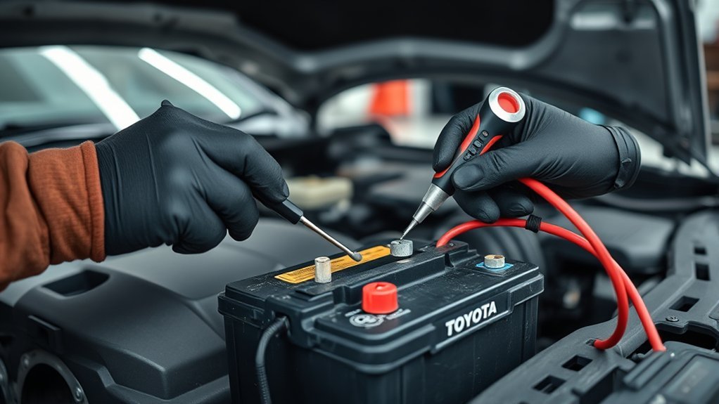 Technician checking Toyota Camry 12-volt battery condition and failure indicators