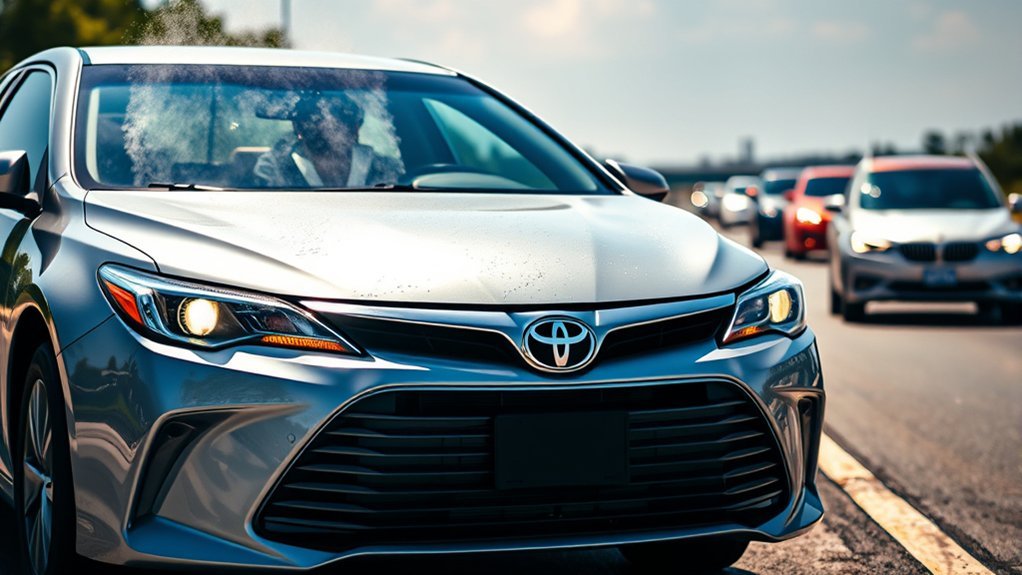Toyota Camry driver monitoring the engine temperature gauge for overheating