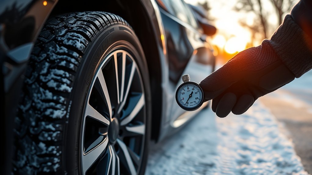 Checking Toyota Camry tire pressure with a handheld gauge in winter