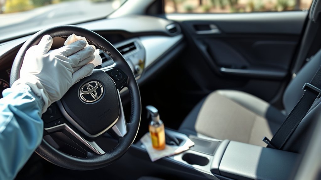 Portable cleaning supplies for wiping high-touch Toyota Camry surfaces while traveling