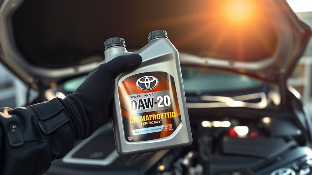 0W-20 engine oil beside a Toyota Camry engine