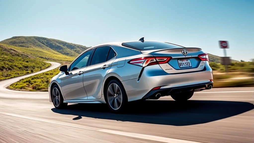 Toyota Camry driving at a steady highway speed for better fuel economy
