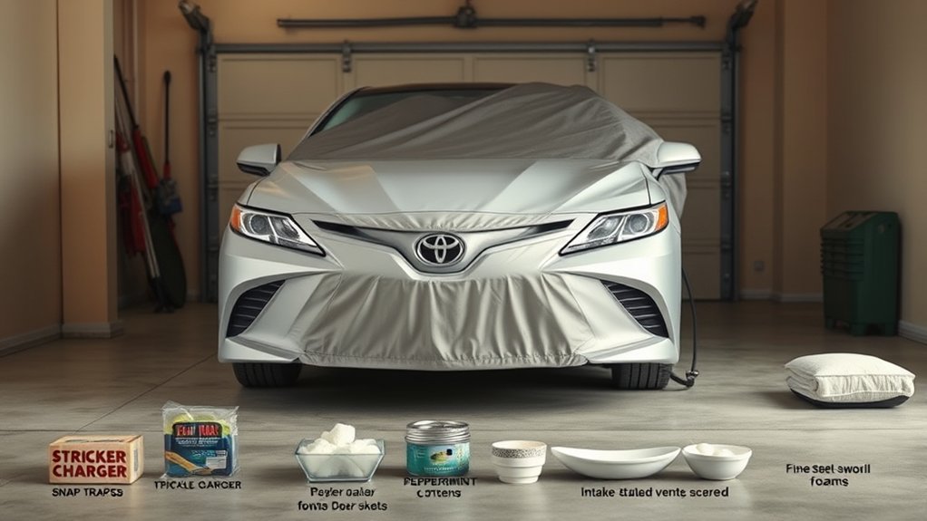 Rodent-prevention inspection around a stored Toyota Camry