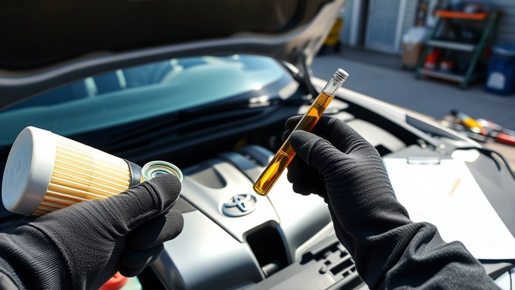 Checking a Toyota Camry for leaks after an engine oil change