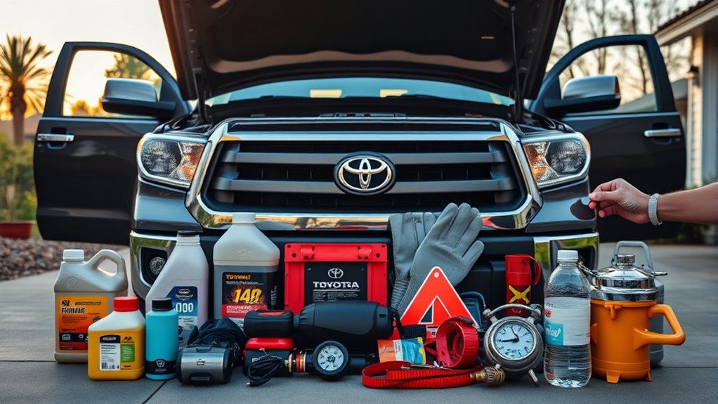 Emergency equipment prepared for a Toyota Tundra road trip