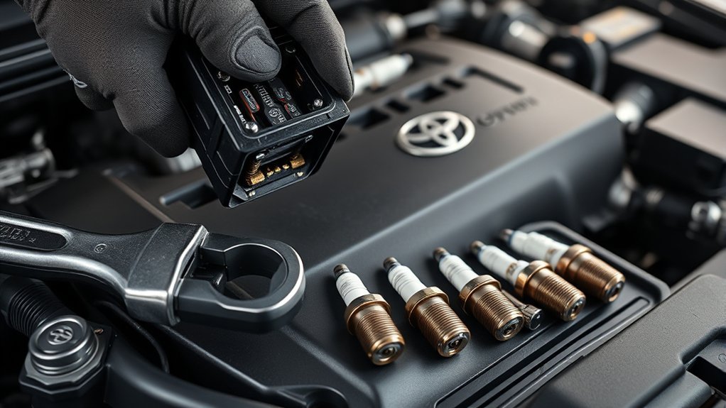 Mechanic inspecting Toyota Camry spark plugs for wear and deposits