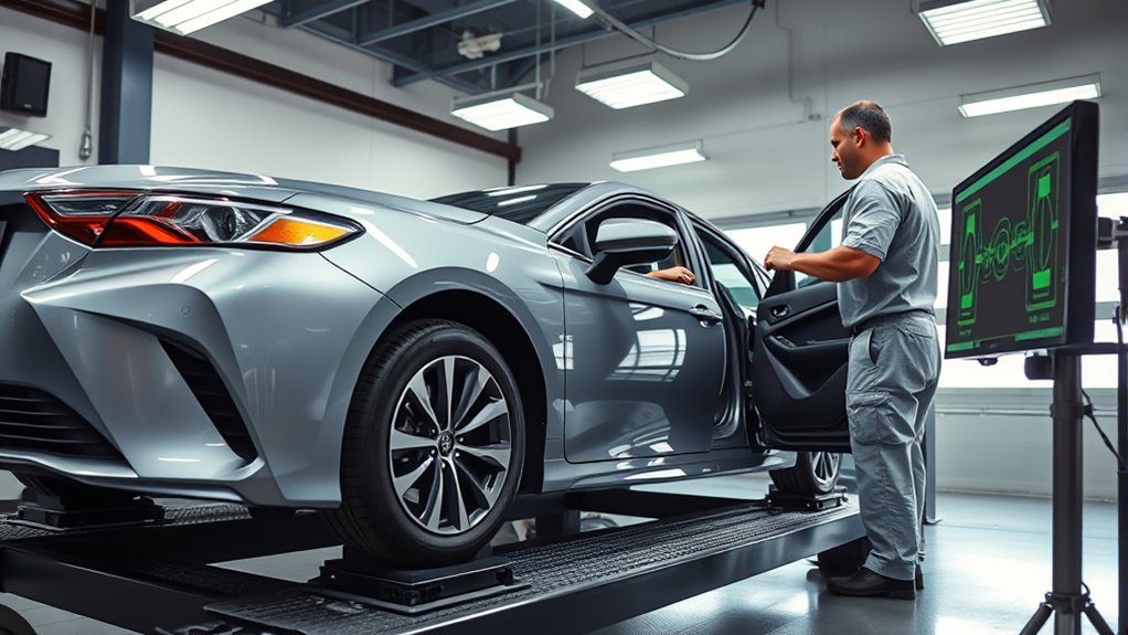 Technician measuring Toyota Camry wheel alignment on a professional alignment rack