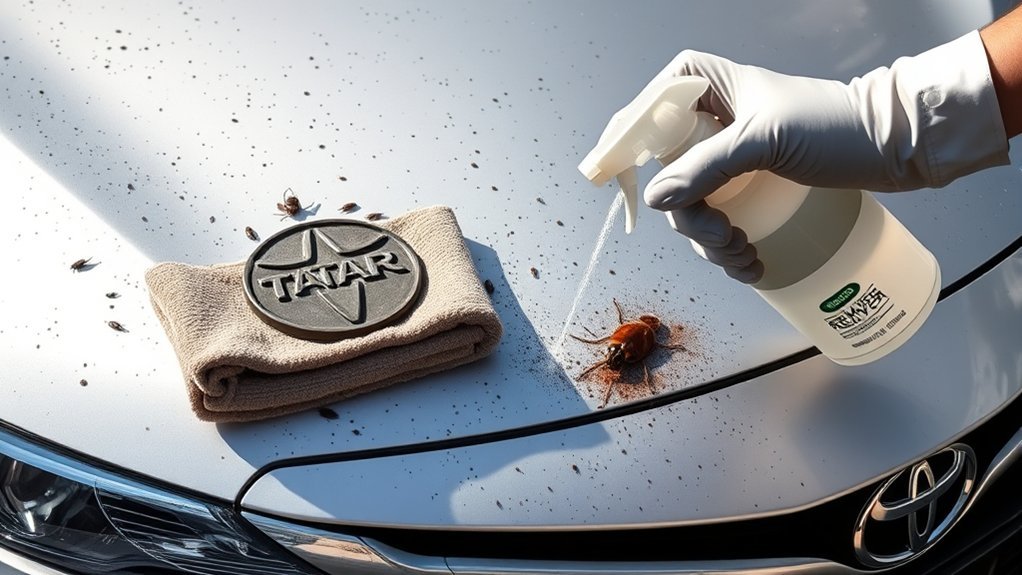 Bug splatter and road tar on the front of a Toyota Camry before cleaning