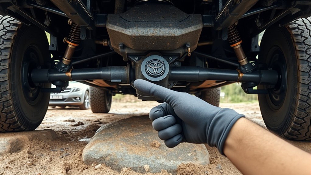 Toyota Tacoma rear differential lock helping both rear wheels rotate together on uneven terrain