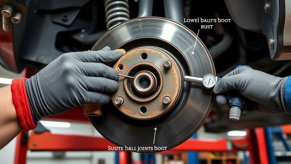 Technician safely inspecting Toyota Tundra ball joints and front suspension
