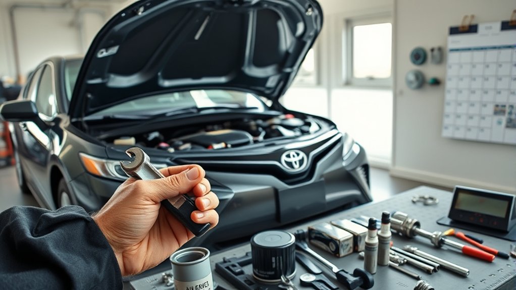 Toyota Camry undergoing a scheduled maintenance inspection in a service bay