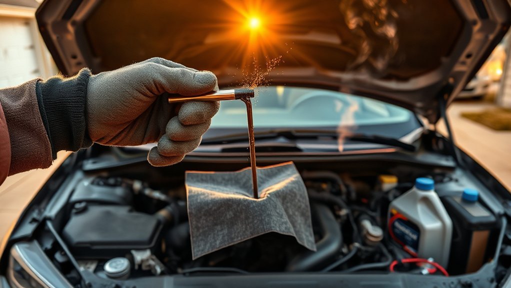 Fresh engine oil being added during Toyota Camry maintenance
