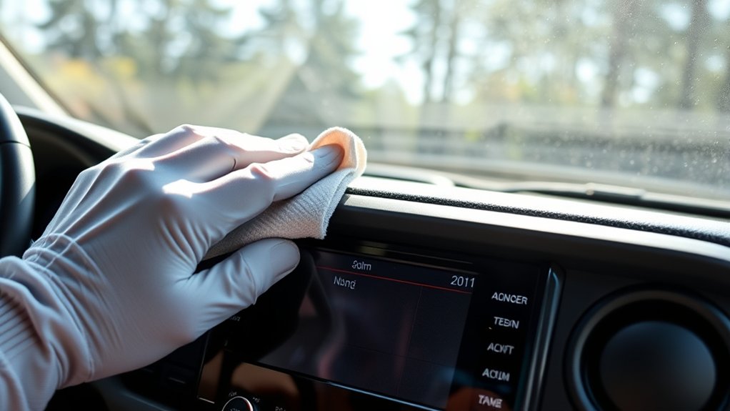 Cleaning a Toyota Tacoma touchscreen with a microfiber cloth