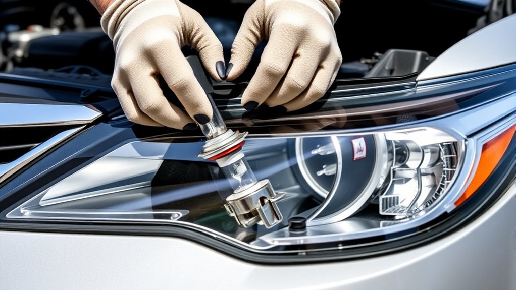 Removing a serviceable Toyota Camry high-beam bulb from behind the headlamp housing