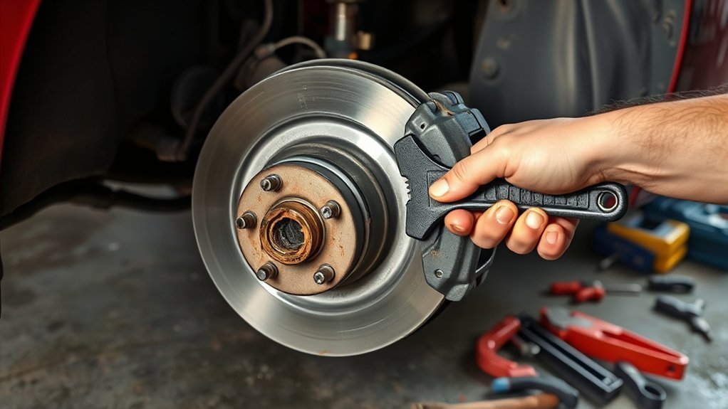 Removing worn front brake pads and a rotor from a 2009 Toyota Camry