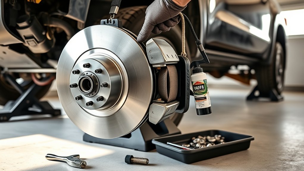 Replacing Toyota Tundra brake pads and rotors with the truck safely supported