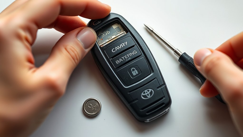 Installing the correct coin-cell battery in a Toyota Camry key fob while matching the holder polarity