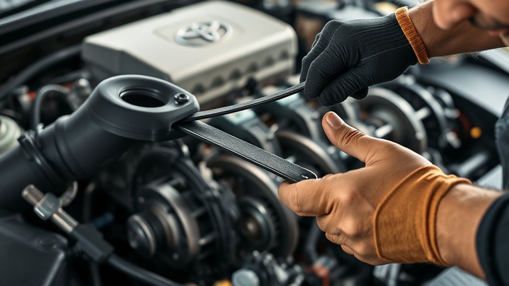 Inspecting a Toyota Camry serpentine belt, tensioner, and accessory pulleys for wear