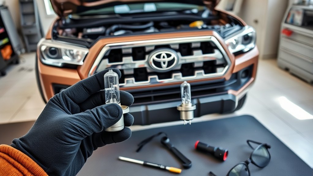 Tools and replacement bulbs for changing a Toyota Tacoma headlight bulb
