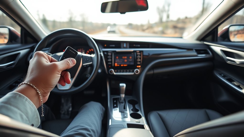 Hands preparing to reprogram a Toyota Camry key fob inside the vehicle