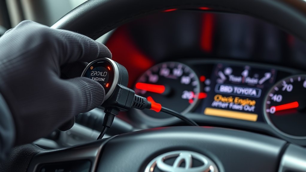 OBD-II scanner resetting a Toyota Tundra check engine light after repair