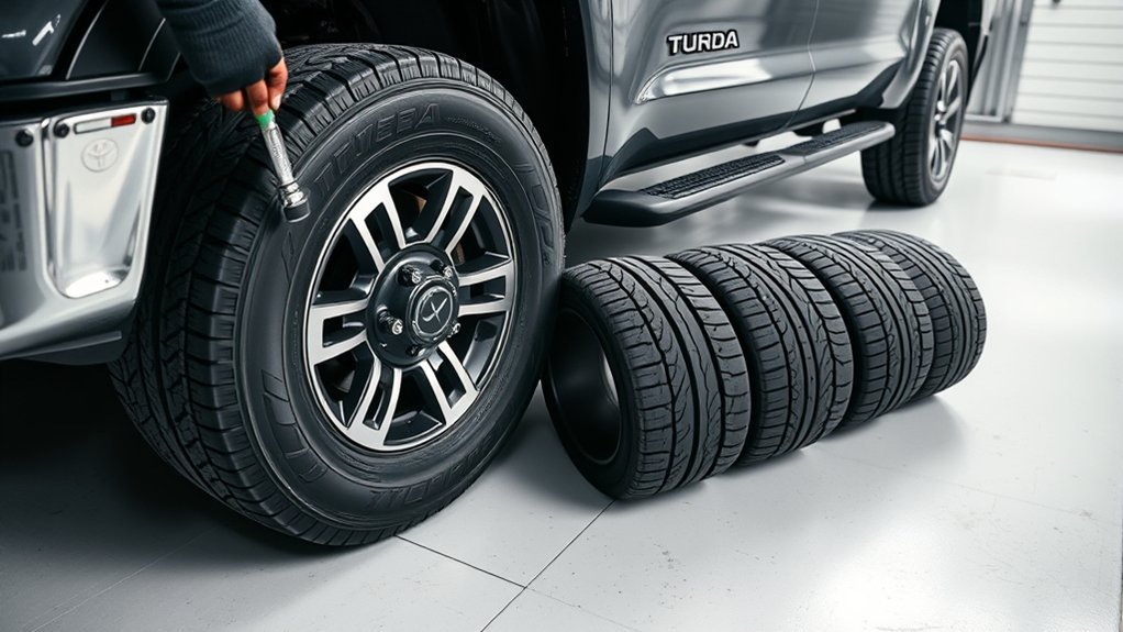 Toyota Tundra tires being rotated to promote more even tread wear