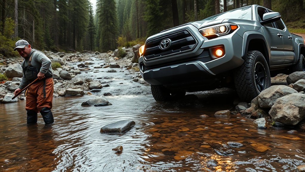 Toyota Tacoma using safe technique at a shallow off-road water crossing